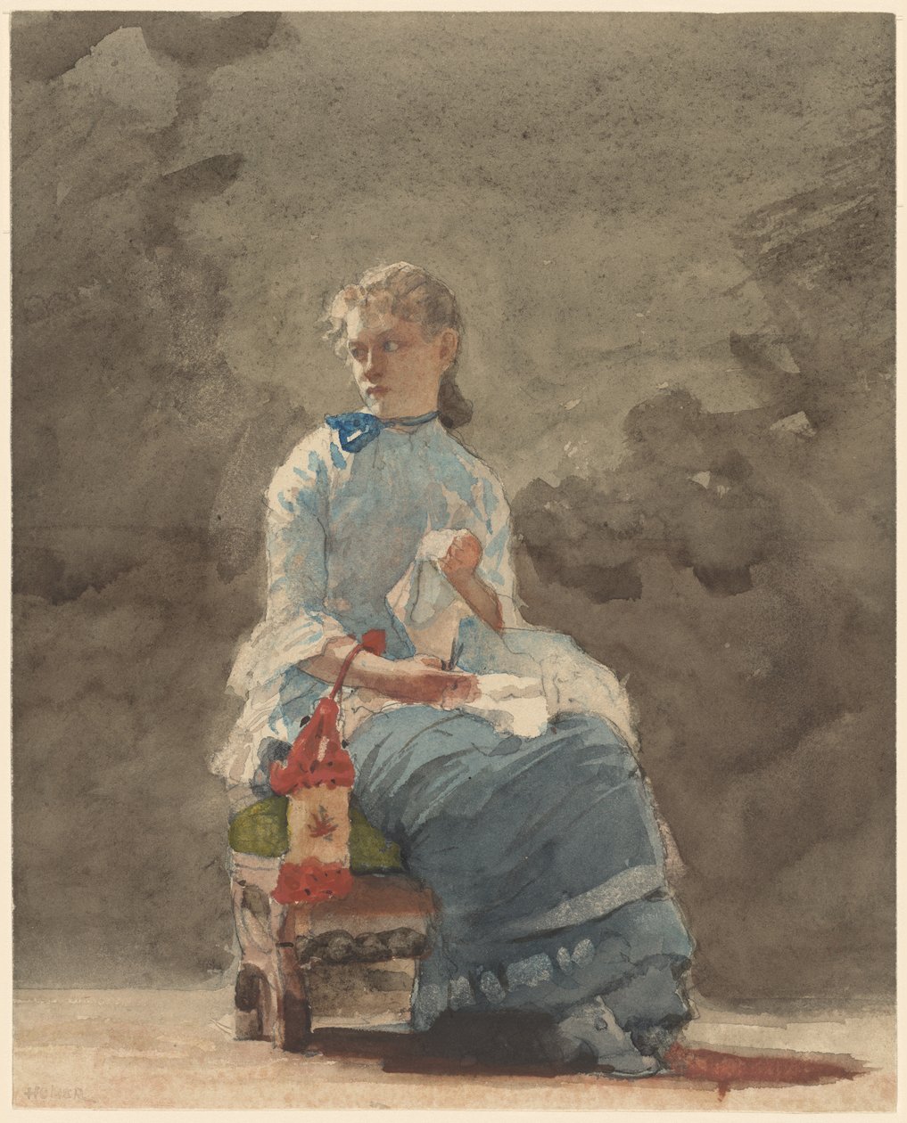 Kadın Dikiş, 1878-9 (kirli beyaz dokuma suluboya kağıdı üzerine grafit üzerine suluboya) by Winslow Homer