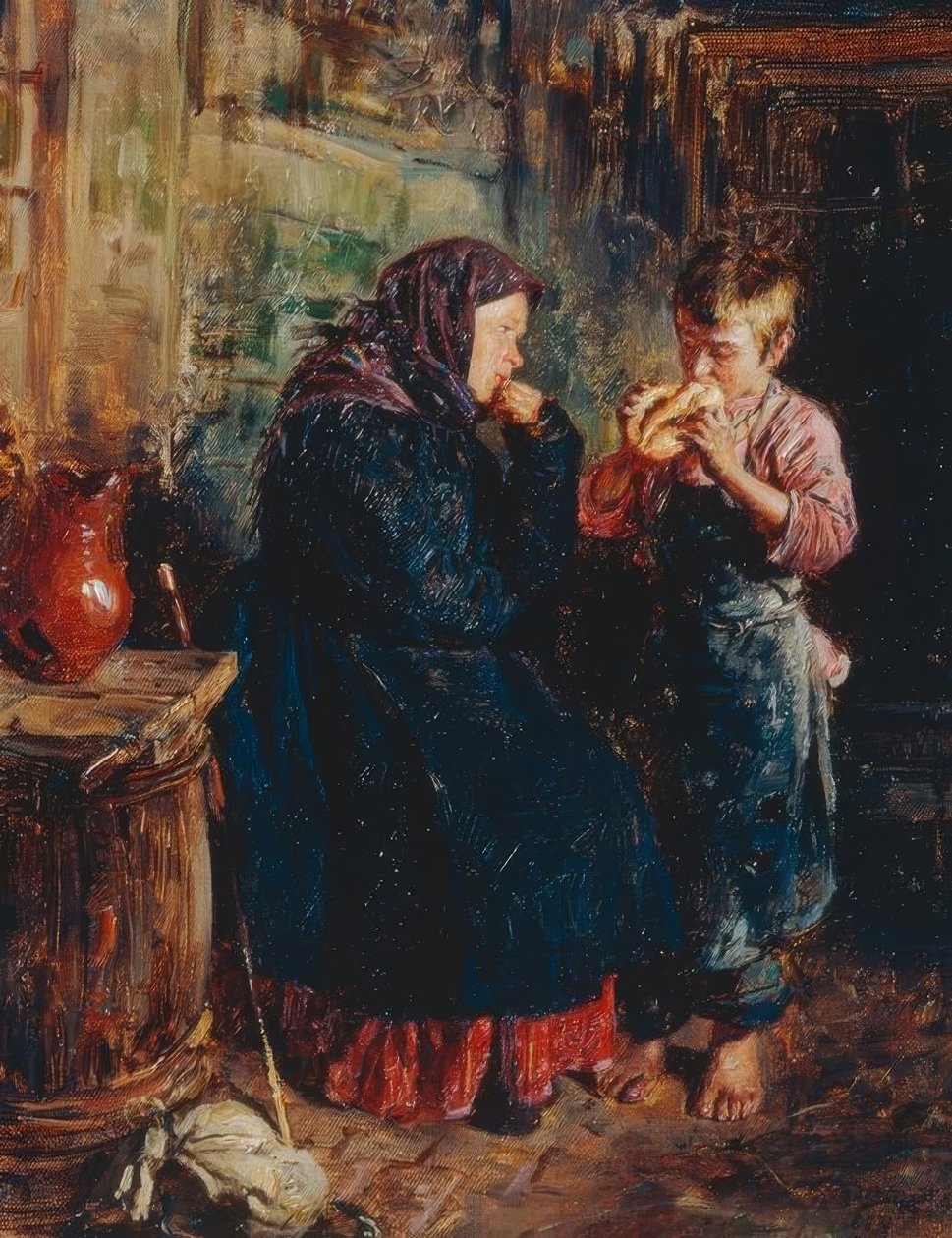 Alte Frau und Knabe mit Brot by Wladimir Jegorowitsch Makowski