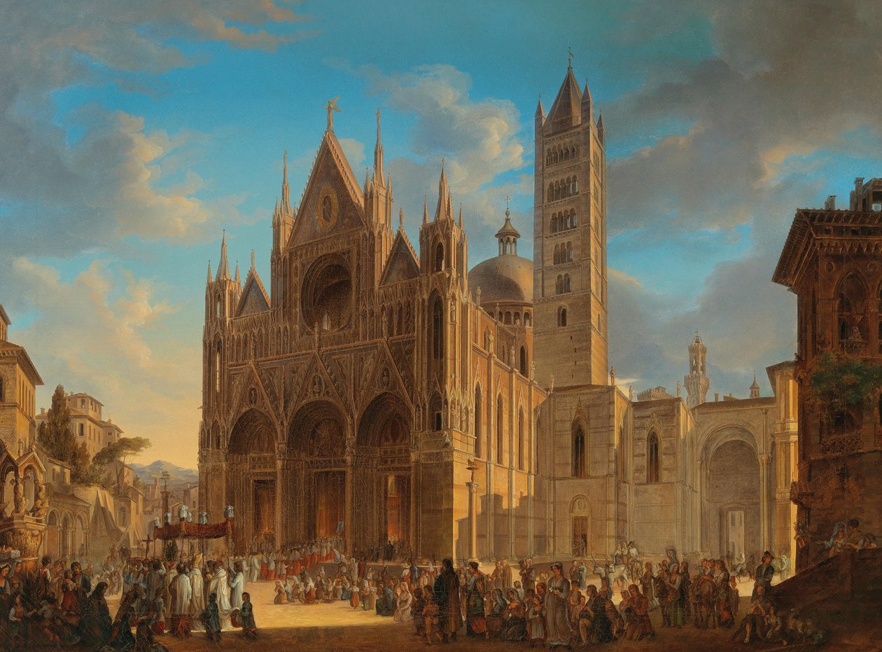 Sağ altta imzalı ve tarihli Siena Katedrali önündeki geçit töreni by Woldemar Hermann