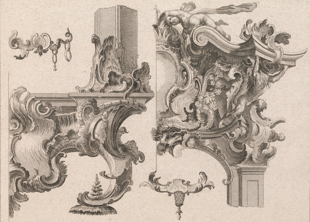 Bir Sunak Çerçevesinin Sağ Alt ve Sağ Üstünün Süslenmesi için Öneri..., Basılmış yakl. 1750-56. by Wolffgang Christoph Mayr