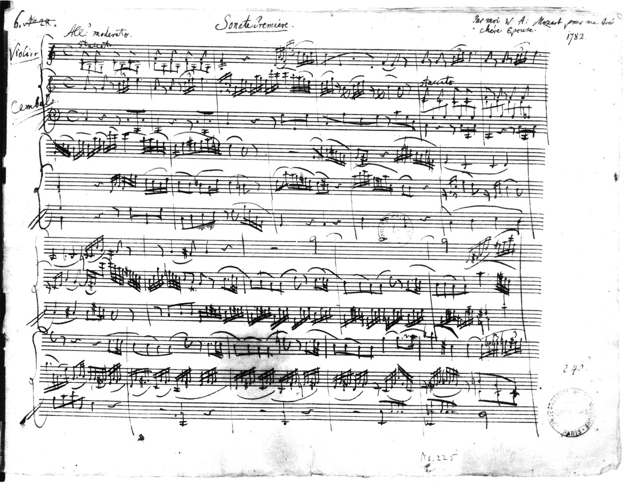 Do majör (K 403) 1782 keman ve klavsen için Ms.225 Sonate Premiere by Wolfgang Amadeus Mozart