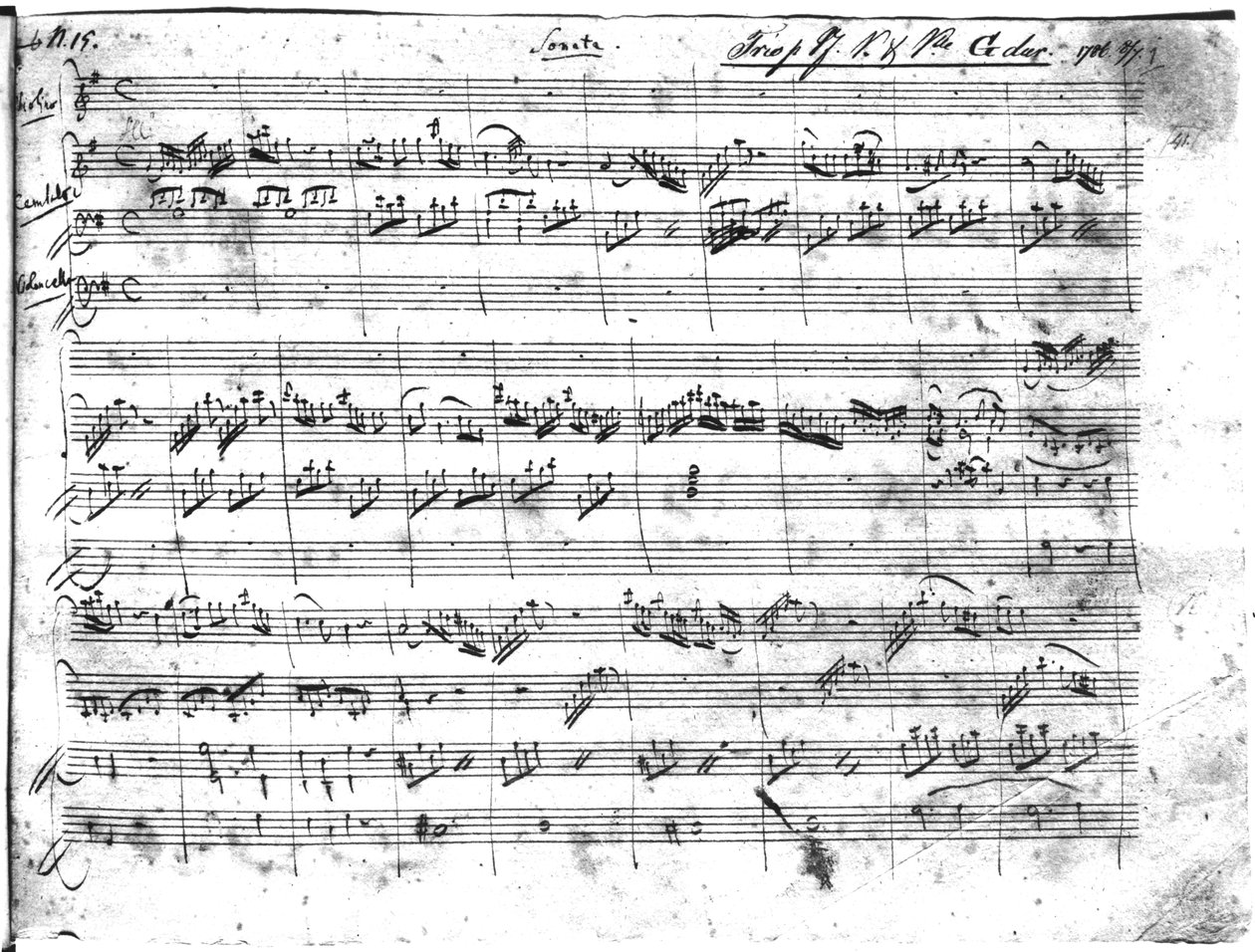 Keman, klavsen ve viyolonsel için sol majör üçlü (K 496) 1786 (1. sayfa) by Wolfgang Amadeus Mozart