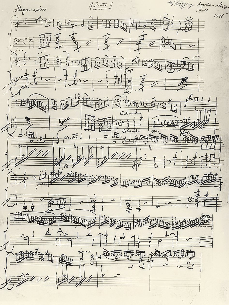 A minör piyano sonatının başlangıcı. KV310. İmza. 1778 by Wolfgang Amadeus Mozart