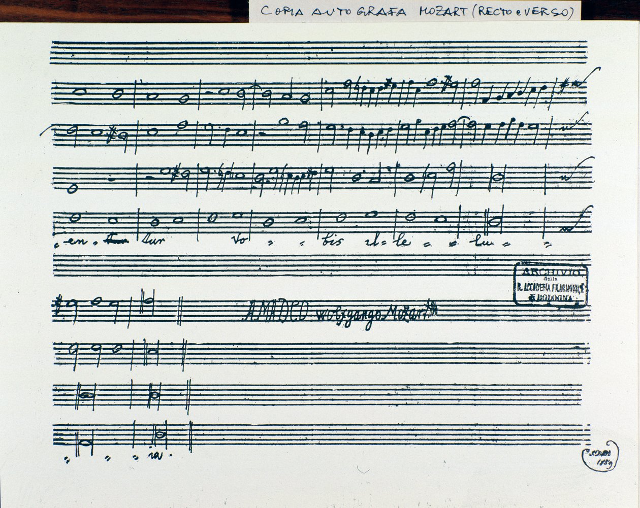 Accademia filarmonico unvanını elde etmek için Mozart tarafından Querite primum regnum Dei için nota sayfası, versiyon babası Martini tarafından düzeltildi (1770) by Wolfgang Amadeus Mozart