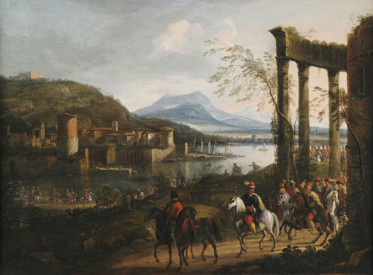Kalıntılar, liman tesisleri ve büyük bir süvari alayı ile geniş İtalyanlaşan nehir manzarası by Willem van Bemmel