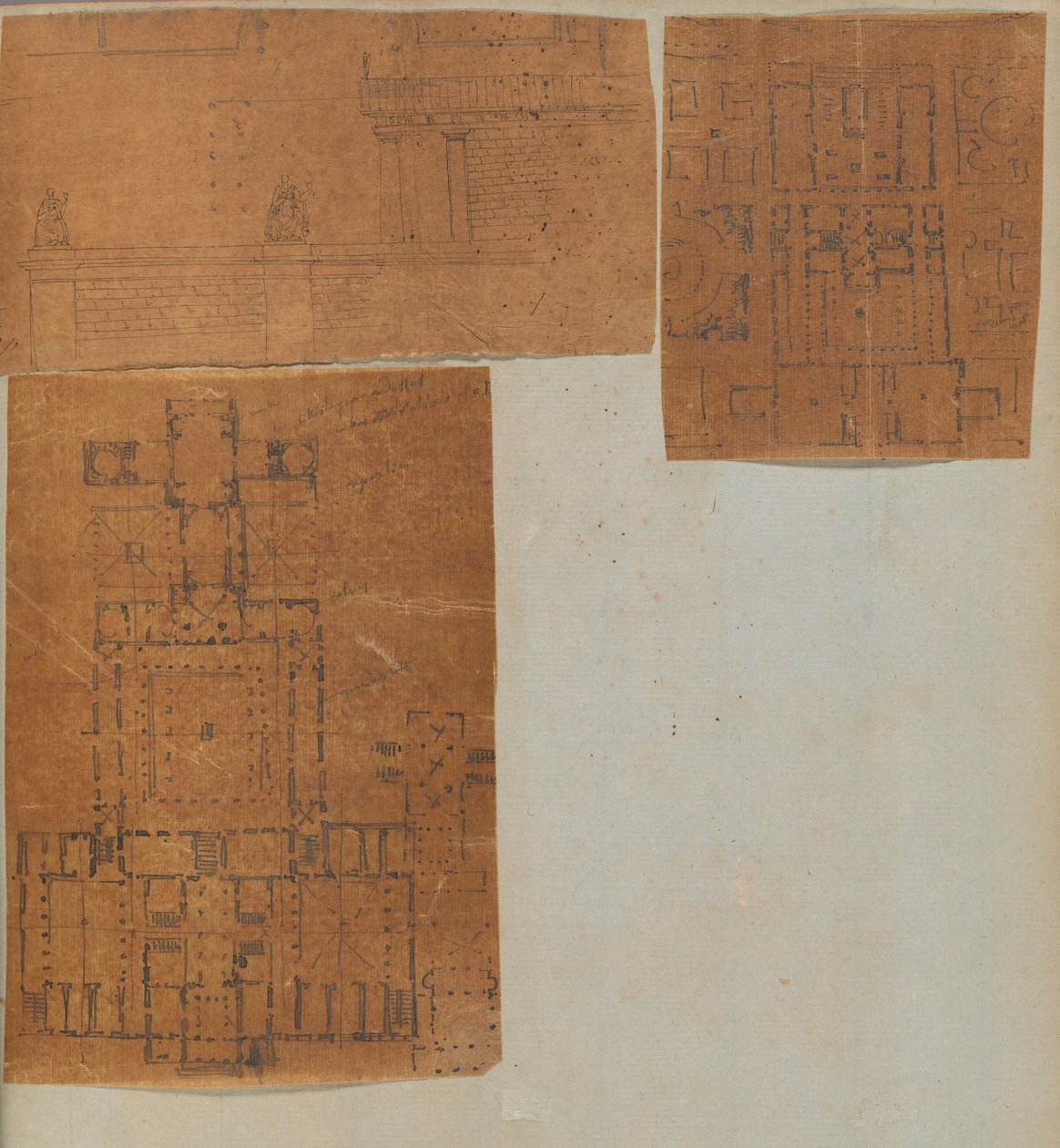 Mimariye İlişkin Çizimler ve Çeşitli Baskılar içeren bir Karalama Defterinden Sayfa, Int..., yakl. 1800-1850. Yaratıcılar: Charles Percier Atölyesi, Pierre François Léonard Fontaine Atölyesi. by Workshop of Charles Percier, Workshop of Pierre