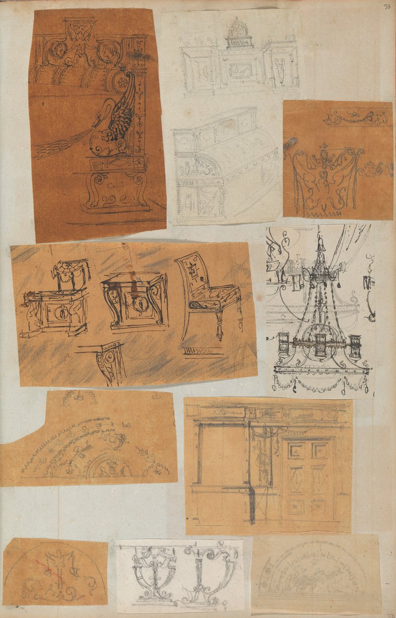 Mimariye İlişkin Çizimler ve Çeşitli Baskılar içeren bir Karalama Defterinden Sayfa, Int..., yakl. 1800-1850. Yaratıcılar: Charles Percier Atölyesi, Pierre François Léonard Fontaine Atölyesi. by Workshop of Charles Percier, Workshop of Pierre