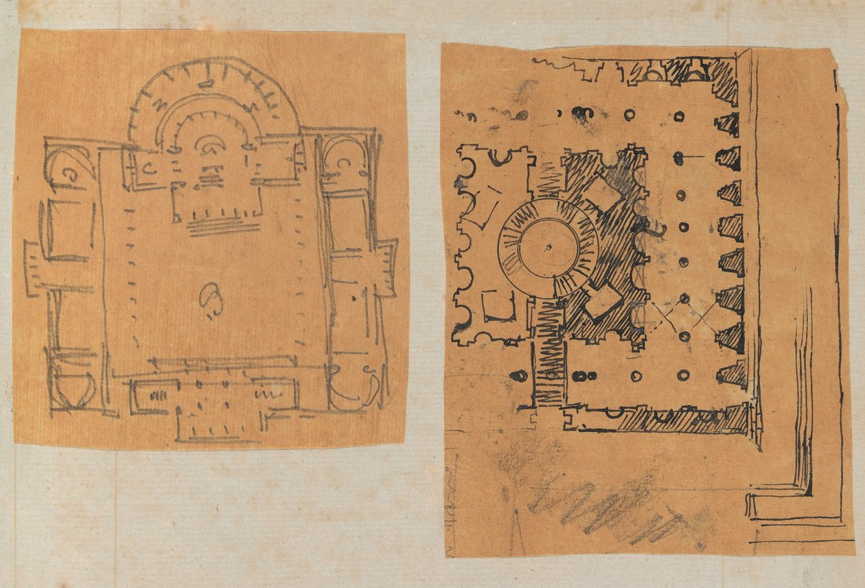 Mimariye İlişkin Çizimler ve Çeşitli Baskılar içeren bir Karalama Defterinden Sayfa, Int..., yakl. 1800-1850. Yaratıcılar: Charles Percier Atölyesi, Pierre François Léonard Fontaine Atölyesi. by Workshop of Charles Percier, Workshop of Pierre