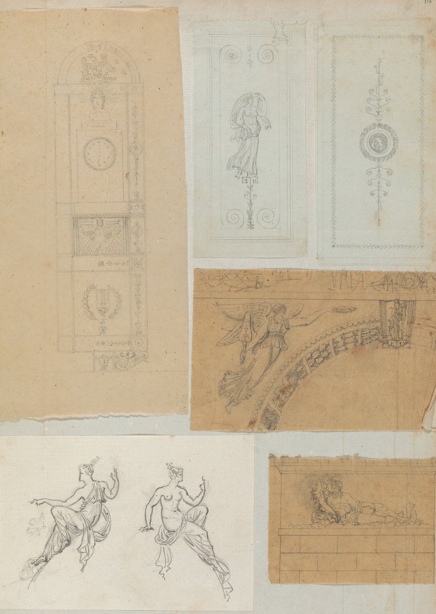 Mimariye İlişkin Çizimler ve Çeşitli Baskılar içeren bir Karalama Defterinden Sayfa, Int..., yakl. 1800-1850. Yaratıcılar: Charles Percier Atölyesi, Pierre François Léonard Fontaine Atölyesi. by Workshop of Charles Percier, Workshop of Pierre