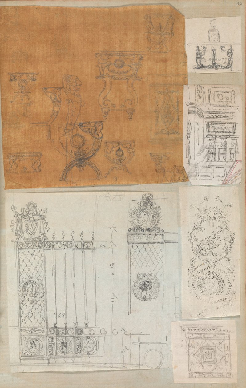 Mimariye İlişkin Çizimler ve Çeşitli Baskılar içeren bir Karalama Defterinden Sayfa, Int..., yakl. 1800-1850. Yaratıcılar: Charles Percier Atölyesi, Pierre François Léonard Fontaine Atölyesi. by Workshop of Charles Percier, Workshop of Pierre
