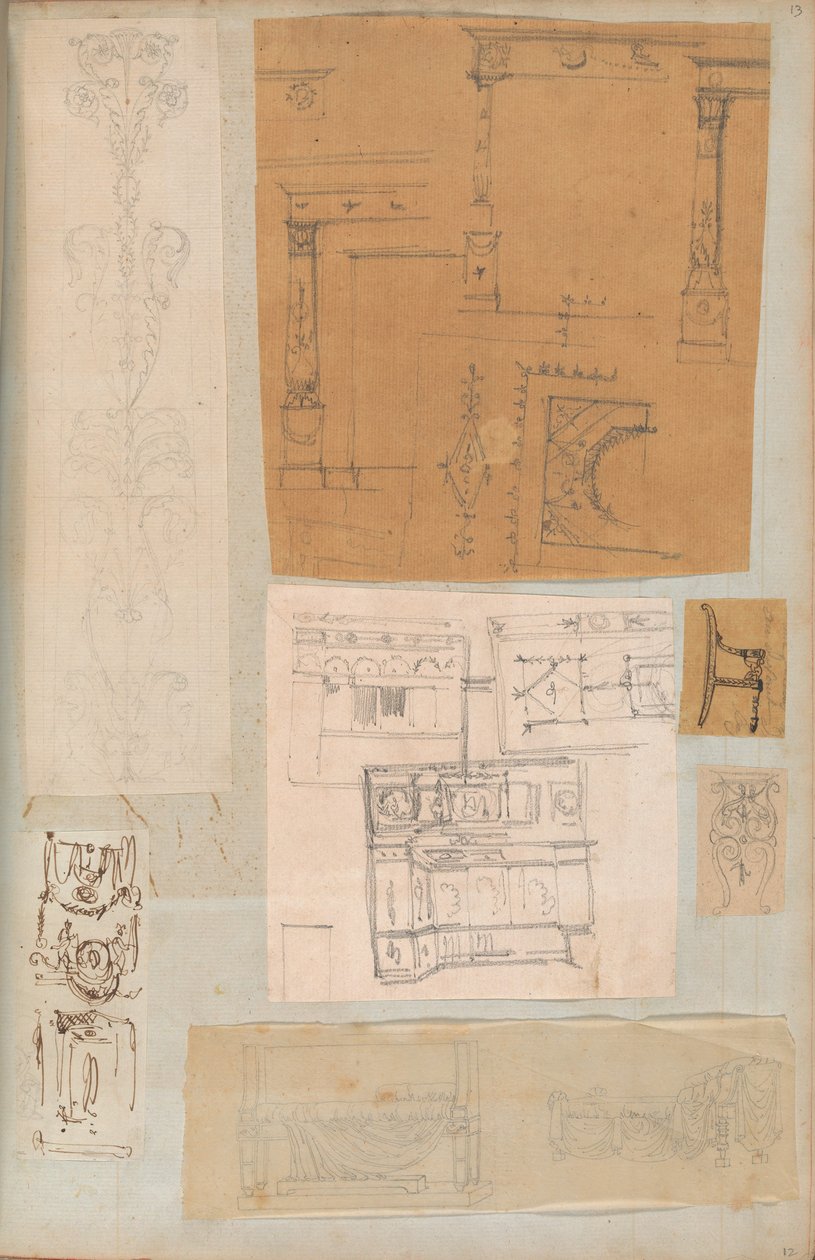 Mimariye İlişkin Çizimler ve Çeşitli Baskılar içeren bir Karalama Defterinden Sayfa, Int..., yakl. 1800-1850. Yaratıcılar: Charles Percier Atölyesi, Pierre François Léonard Fontaine Atölyesi. by Workshop of Charles Percier, Workshop of Pierre