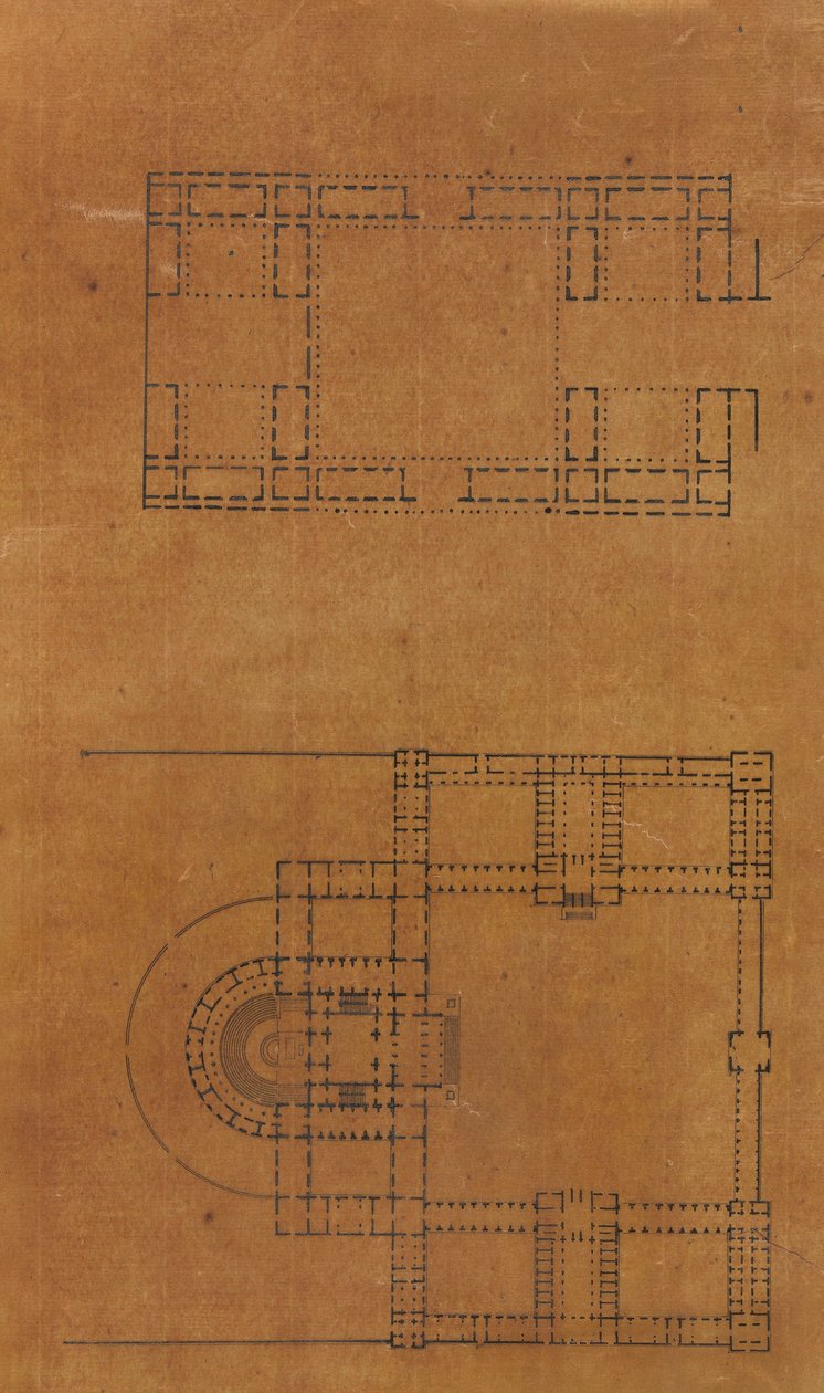 Mimariye İlişkin Çizimler ve Çeşitli Baskılar içeren bir Karalama Defterinden Sayfa, Int..., yakl. 1800-1850. Yaratıcılar: Charles Percier Atölyesi, Pierre François Léonard Fontaine Atölyesi. by Workshop of Charles Percier, Workshop of Pierre