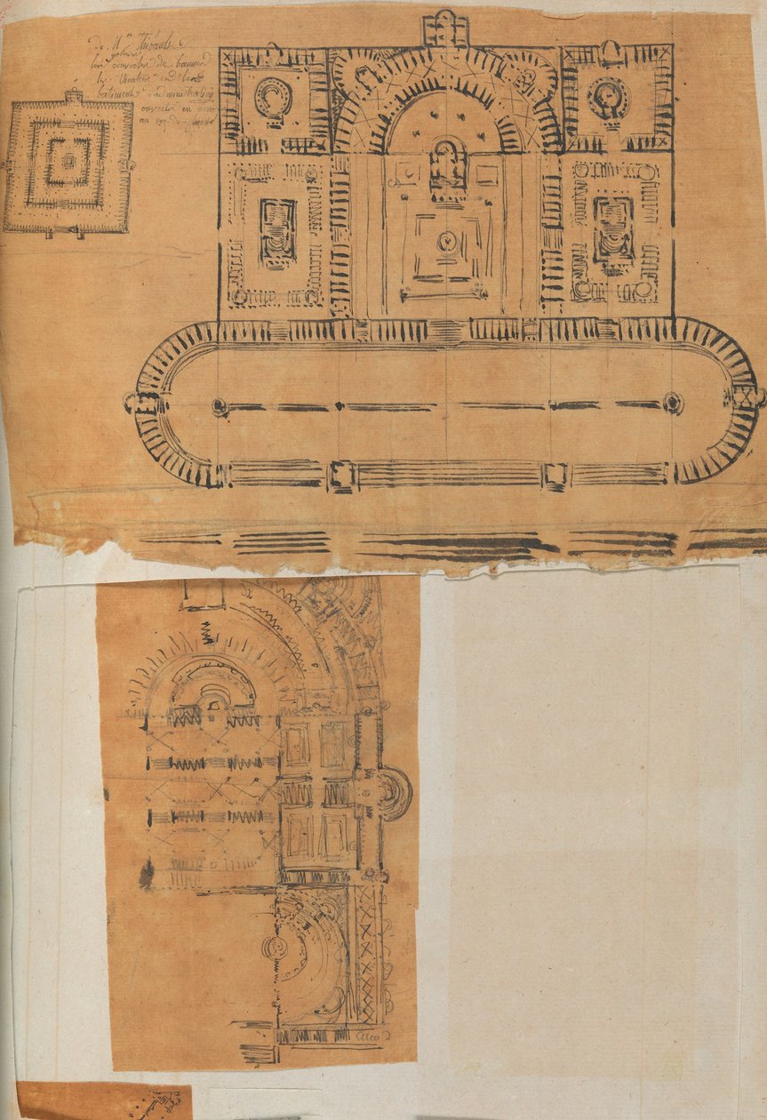 Mimariye İlişkin Çizimler ve Çeşitli Baskılar içeren bir Karalama Defterinden Sayfa, Int..., yakl. 1800-1850. Yaratıcılar: Charles Percier Atölyesi, Pierre François Léonard Fontaine Atölyesi. by Workshop of Charles Percier, Workshop of Pierre