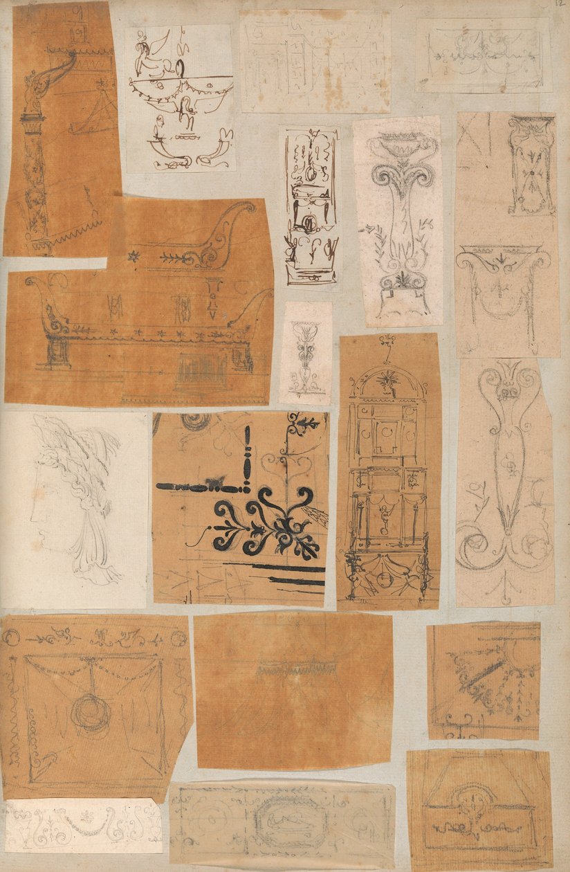 Mimariye İlişkin Çizimler ve Çeşitli Baskılar içeren bir Karalama Defterinden Sayfa, Int..., yakl. 1800-1850. Yaratıcılar: Charles Percier Atölyesi, Pierre François Léonard Fontaine Atölyesi. by Workshop of Charles Percier, Workshop of Pierre