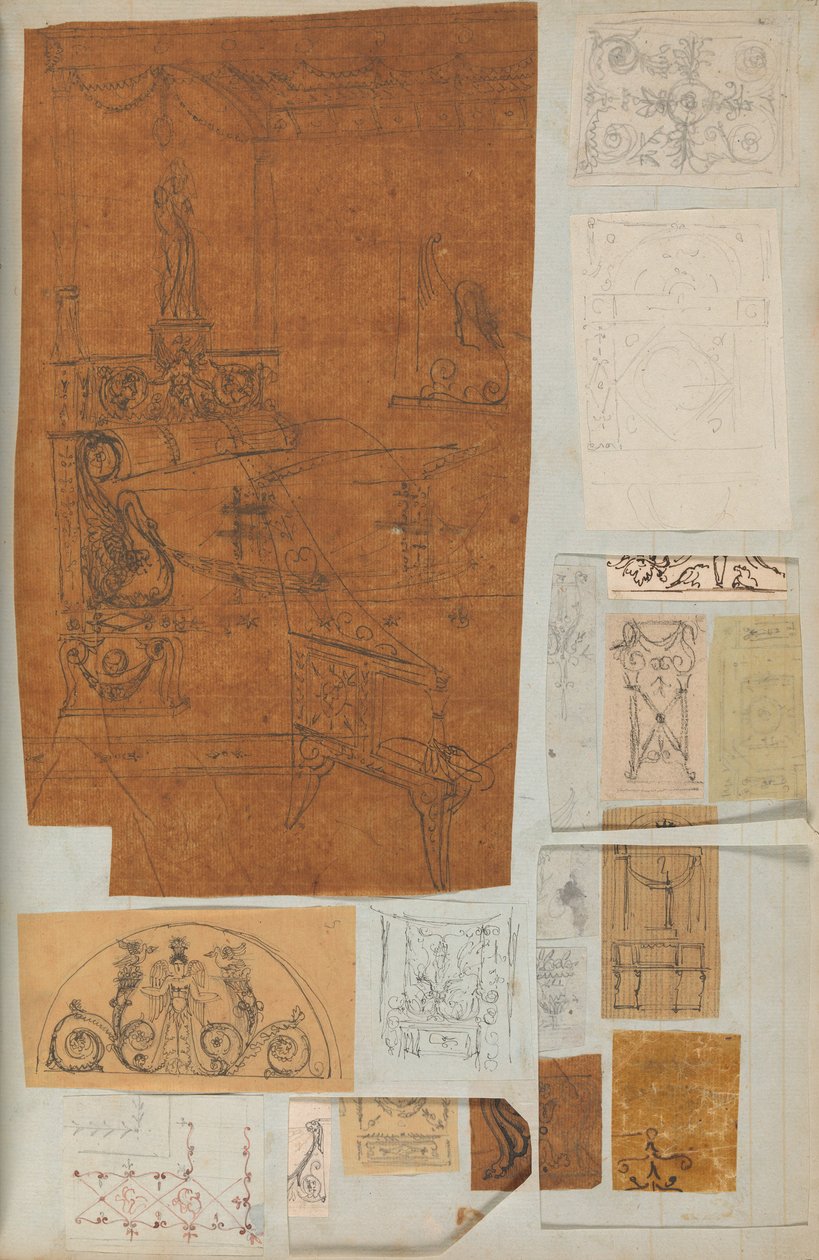 Mimariye İlişkin Çizimler ve Çeşitli Baskılar içeren bir Karalama Defterinden Sayfa, Int..., yakl. 1800-1850. Yaratıcılar: Charles Percier Atölyesi, Pierre François Léonard Fontaine Atölyesi. by Workshop of Charles Percier, Workshop of Pierre