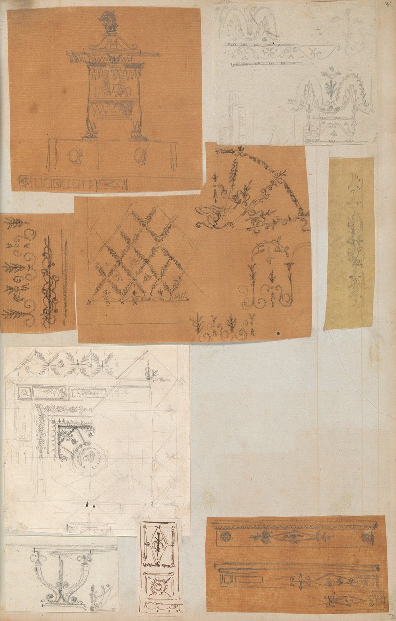 Mimariye İlişkin Çizimler ve Çeşitli Baskılar içeren bir Karalama Defterinden Sayfa, Int..., yakl. 1800-1850. Yaratıcılar: Charles Percier Atölyesi, Pierre François Léonard Fontaine Atölyesi. by Workshop of Charles Percier, Workshop of Pierre
