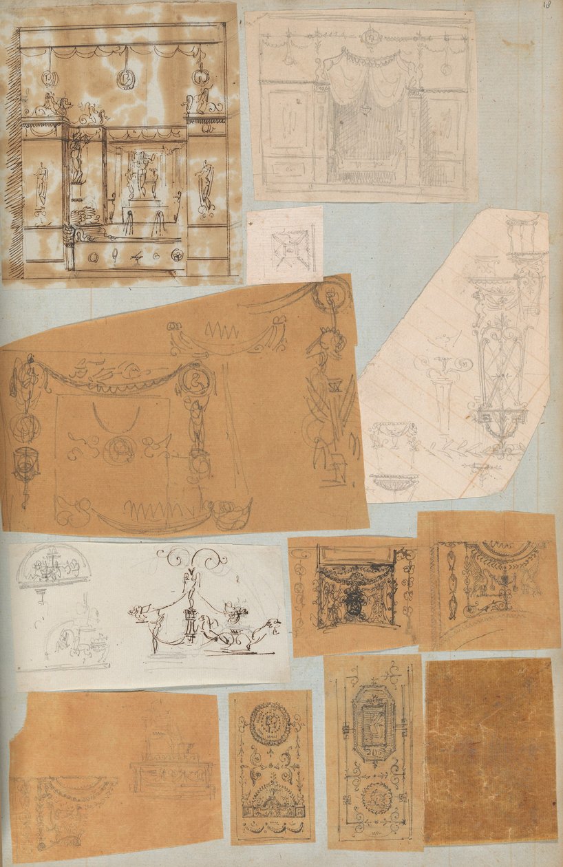 Mimariye İlişkin Çizimler ve Çeşitli Baskılar içeren bir Karalama Defterinden Sayfa, Int..., yakl. 1800-1850. Yaratıcılar: Charles Percier Atölyesi, Pierre François Léonard Fontaine Atölyesi. by Workshop of Charles Percier, Workshop of Pierre