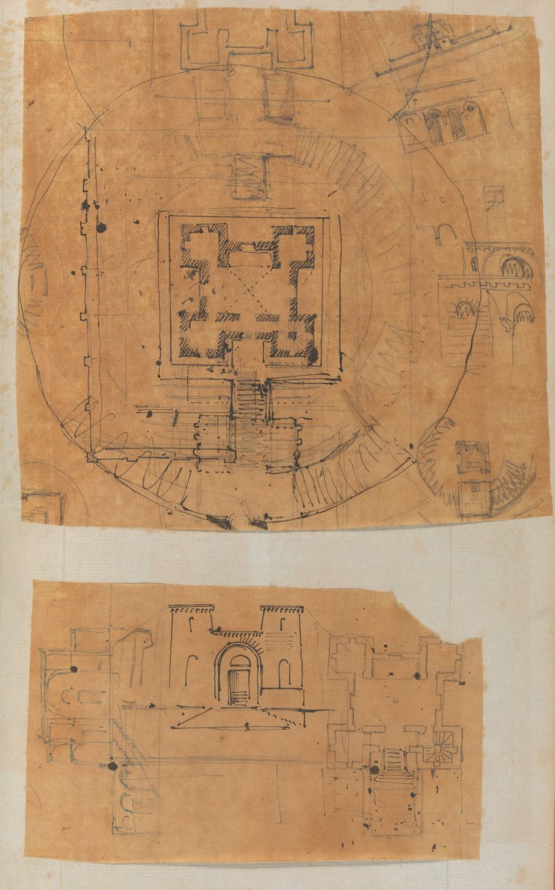 Mimariye İlişkin Çizimler ve Çeşitli Baskılar içeren bir Karalama Defterinden Sayfa, Int..., yakl. 1800-1850. Yaratıcılar: Charles Percier Atölyesi, Pierre François Léonard Fontaine Atölyesi. by Workshop of Charles Percier, Workshop of Pierre