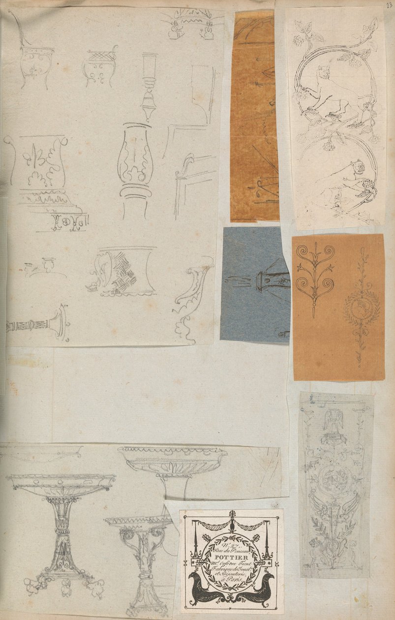 Mimariye İlişkin Çizimler ve Çeşitli Baskılar içeren bir Karalama Defterinden Sayfa, Int..., yakl. 1800-1850. Yaratıcılar: Charles Percier Atölyesi, Pierre François Léonard Fontaine Atölyesi. by Workshop of Charles Percier, Workshop of Pierre
