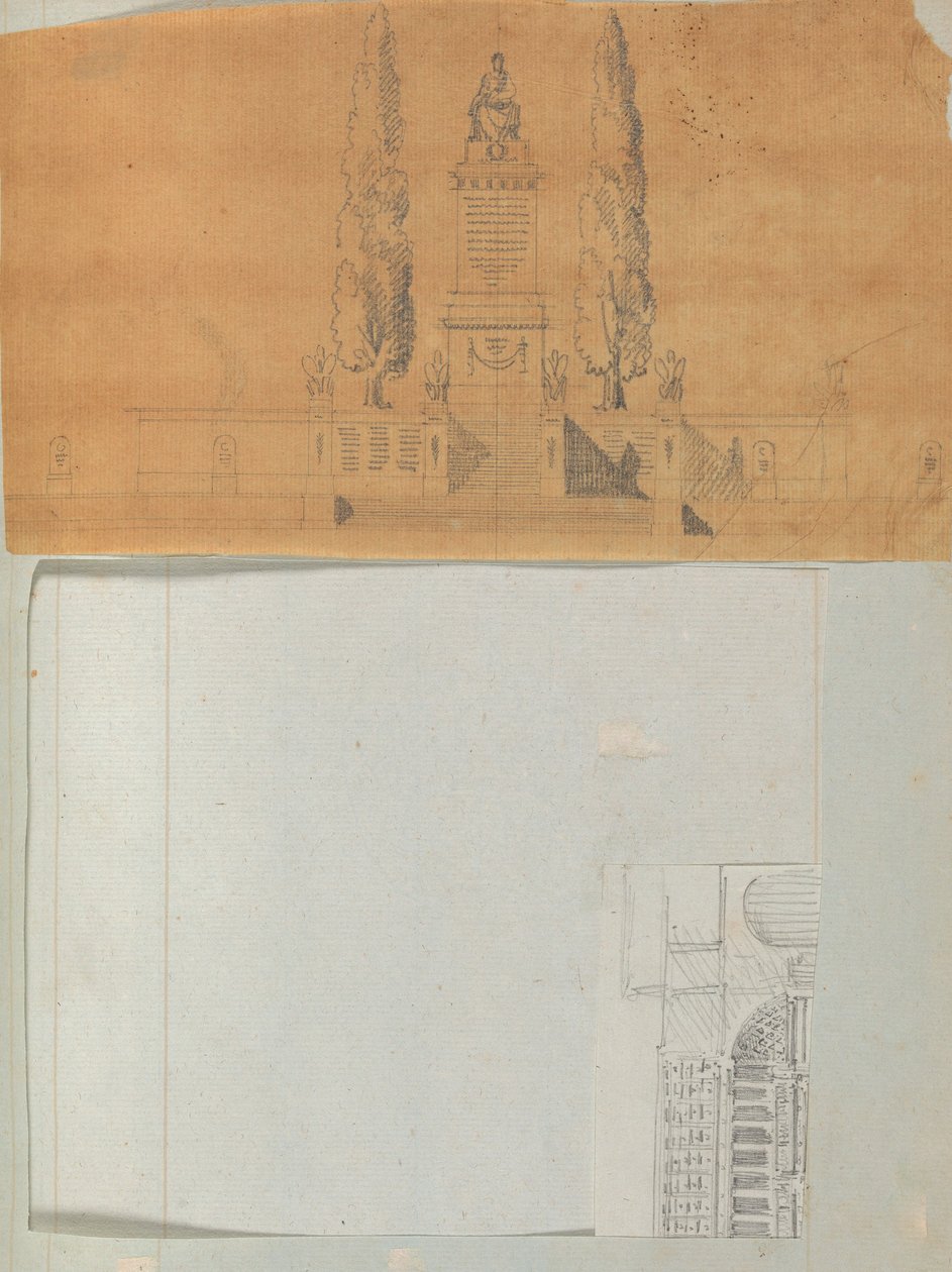 Mimariye İlişkin Çizimler ve Çeşitli Baskılar içeren bir Karalama Defterinden Sayfa, Int..., yakl. 1800-1850. Yaratıcılar: Charles Percier Atölyesi, Pierre François Léonard Fontaine Atölyesi. by Workshop of Charles Percier, Workshop of Pierre