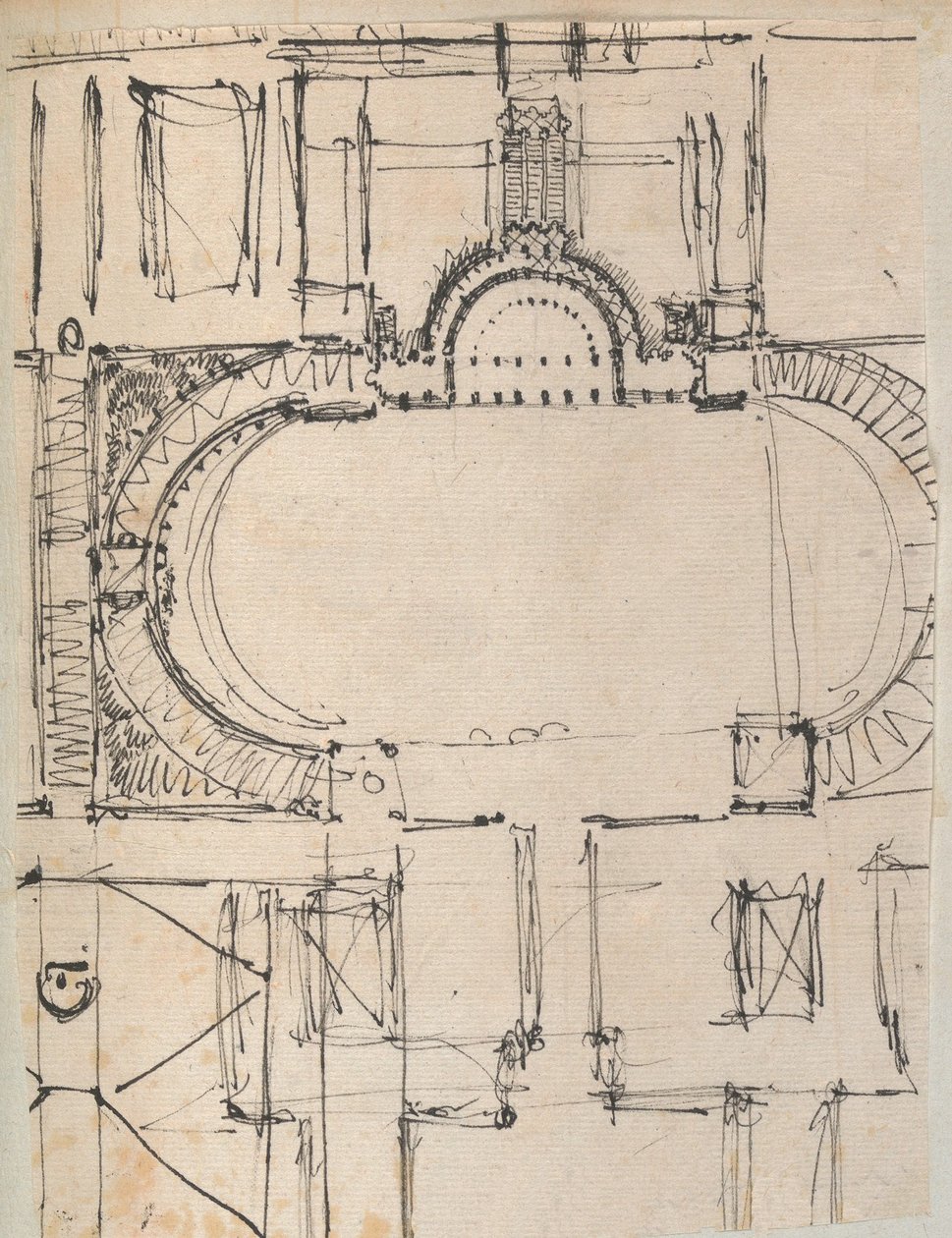 Mimariye İlişkin Çizimler ve Çeşitli Baskılar içeren bir Karalama Defterinden Sayfa, Int..., yakl. 1800-1850. Yaratıcılar: Charles Percier Atölyesi, Pierre François Léonard Fontaine Atölyesi. by Workshop of Charles Percier, Workshop of Pierre