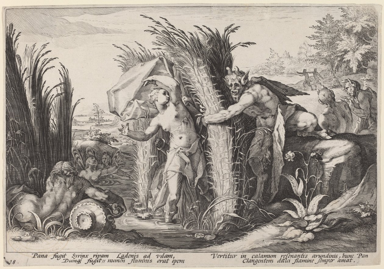 Pan ve Sirinks by Workshop of Hendrick Goltzius, after Hendrick Goltzius
