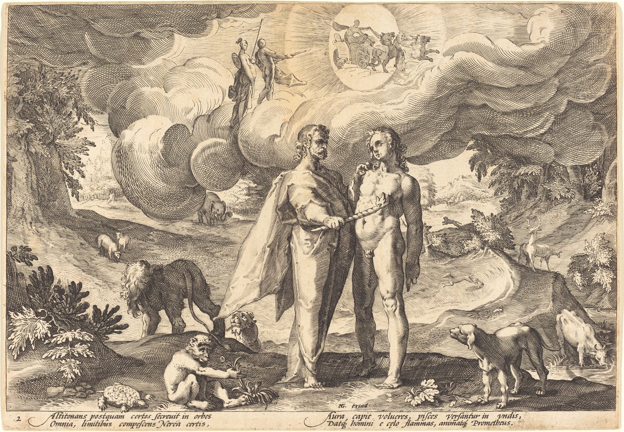 Prometheus İnsan Yaratıyor ve Cennetten Gelen Ateşle Onu Canlandırıyor by Workshop of Hendrick Goltzius, after Hendrick Goltzius