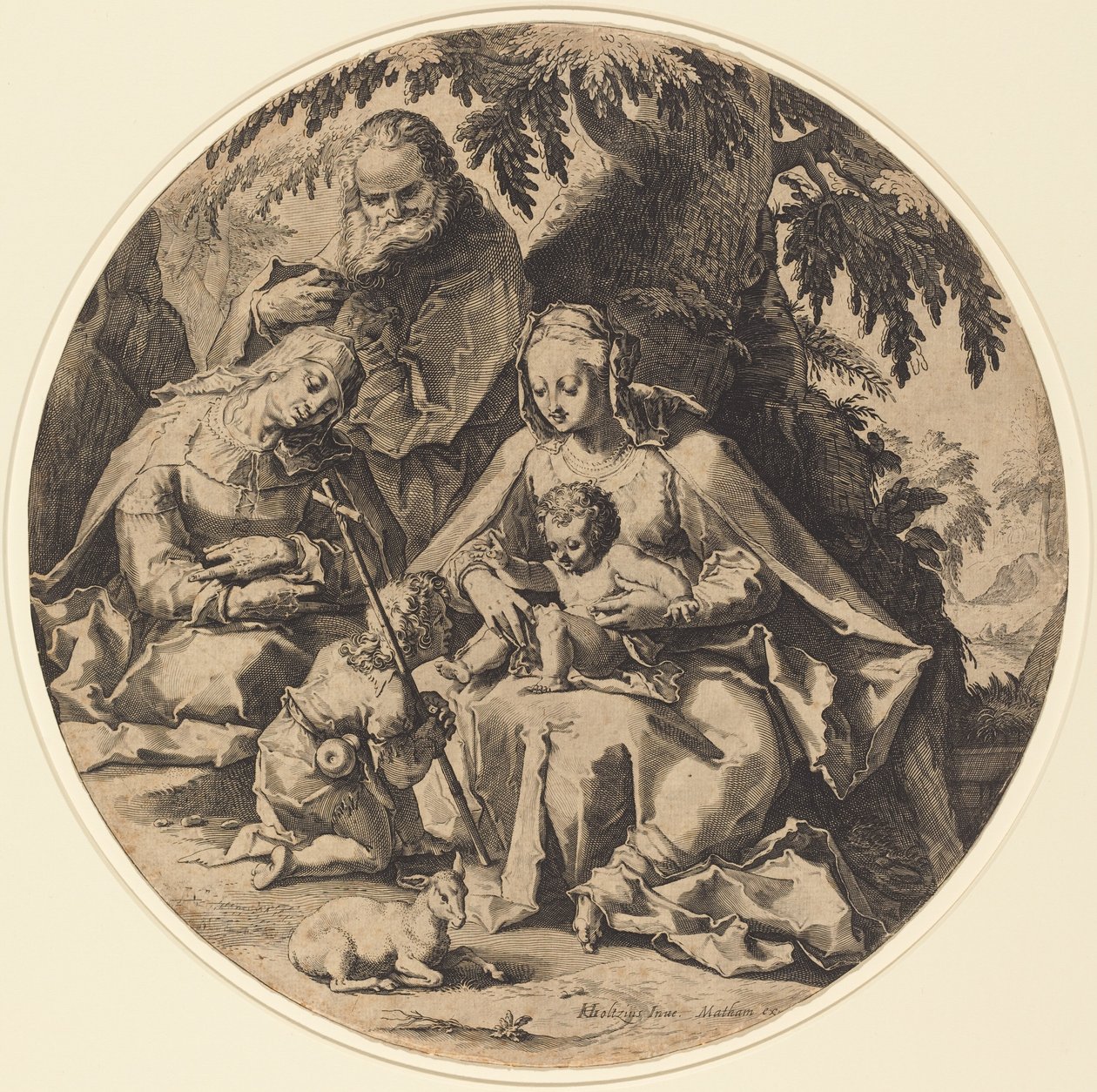 Aziz Elizabeth ve Vaftizci Yahya ile Kutsal Aile by Workshop of Jacob Matham, after Hendrik Goltzius
