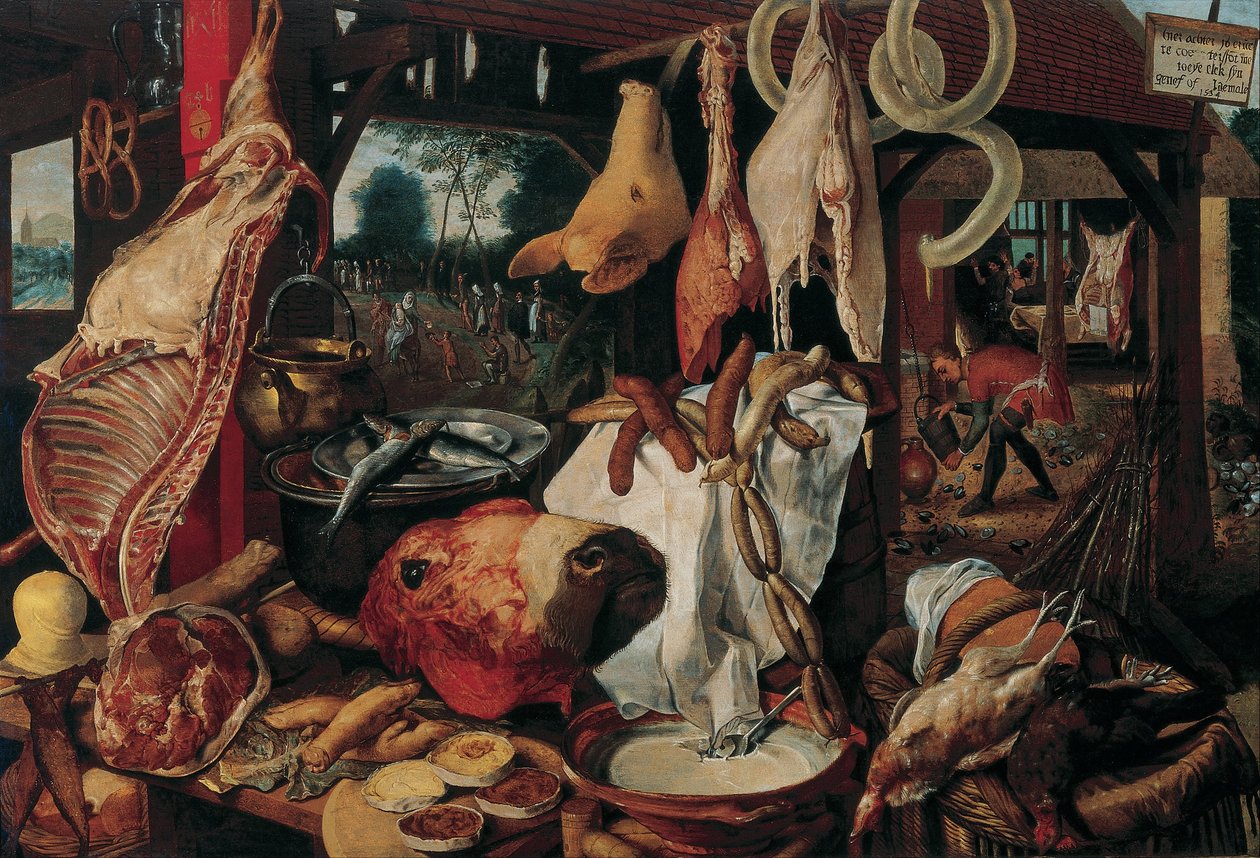 Et ve Kutsal Aile ile Natürmort by Workshop of Pieter Aertsen