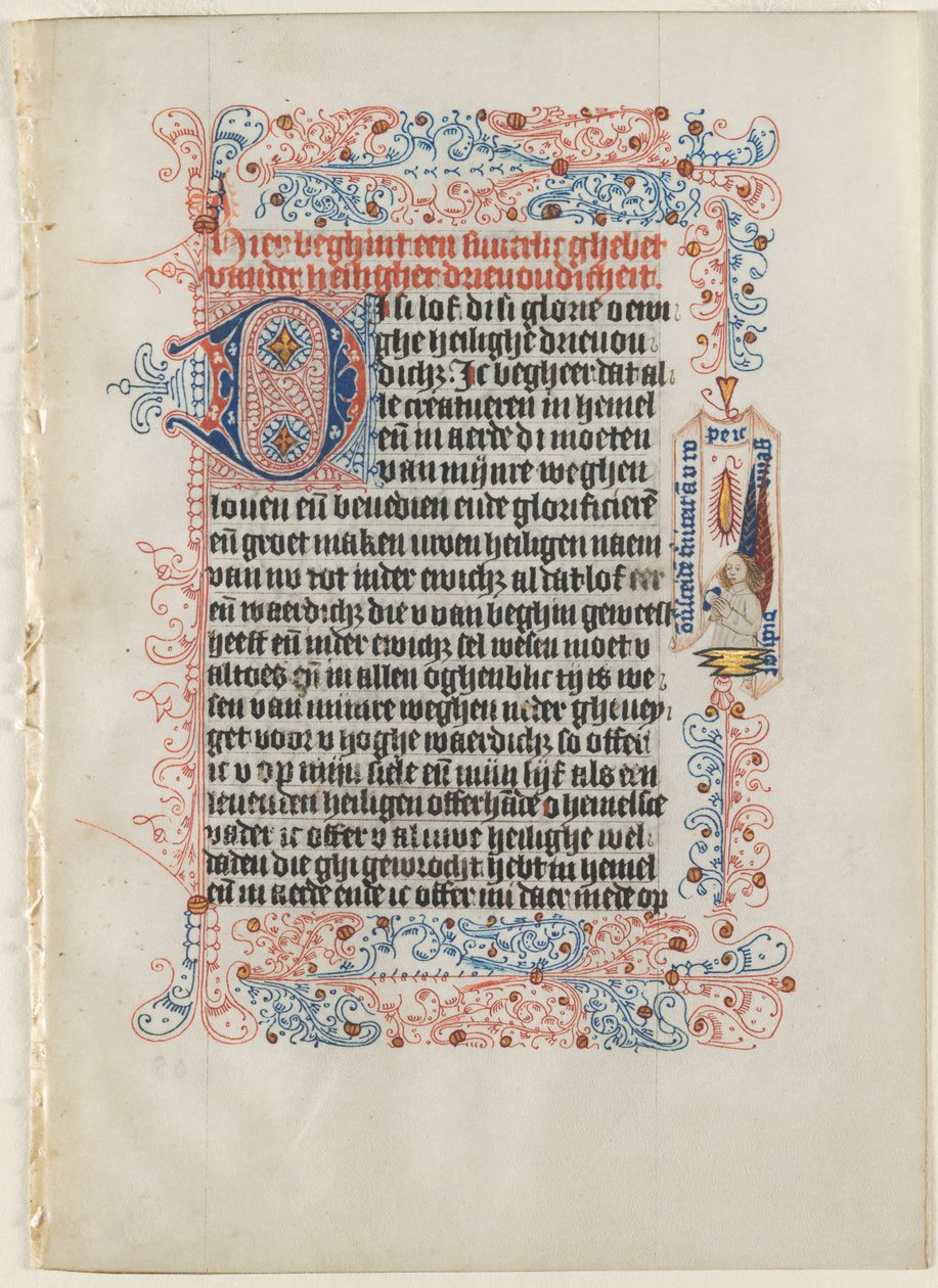 Saatler Kitabından Kesilmiş Yaprak: Güzelleştirilmiş Bir Bordür İçinde Bandrollü Melek..., c. 1475. by Workshop of the Convent of St.