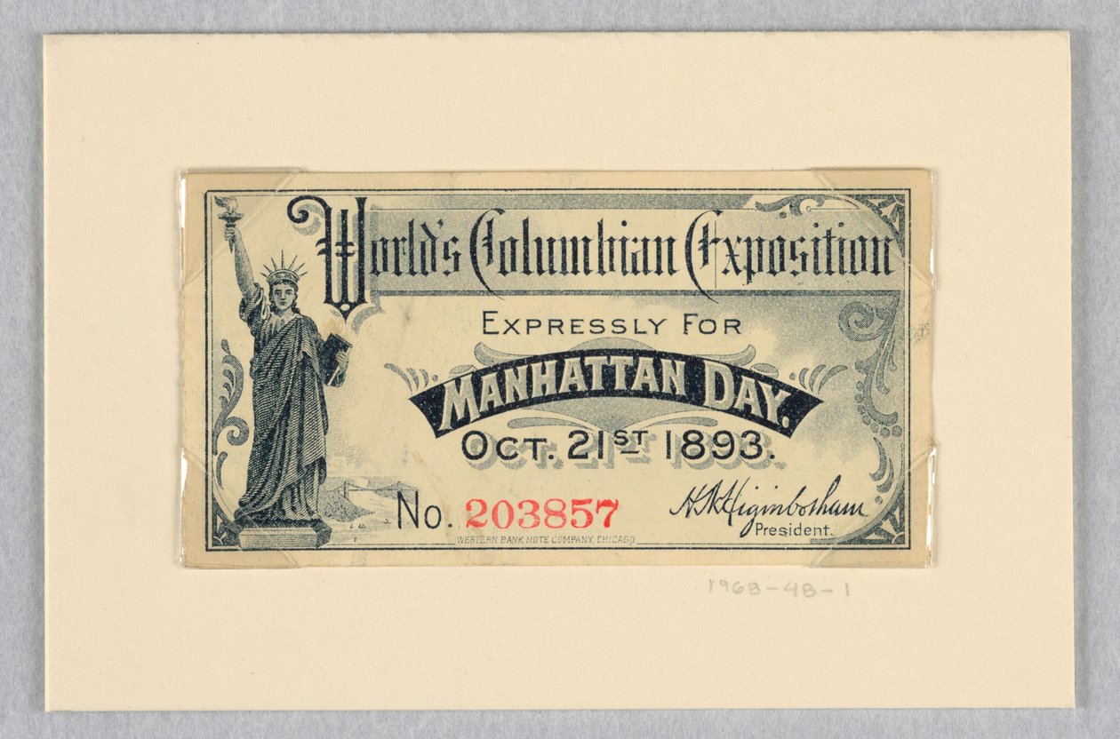 21 Ekim 1893 Manhattan Günü için Dünya Kolomb Sergisi Bileti by World