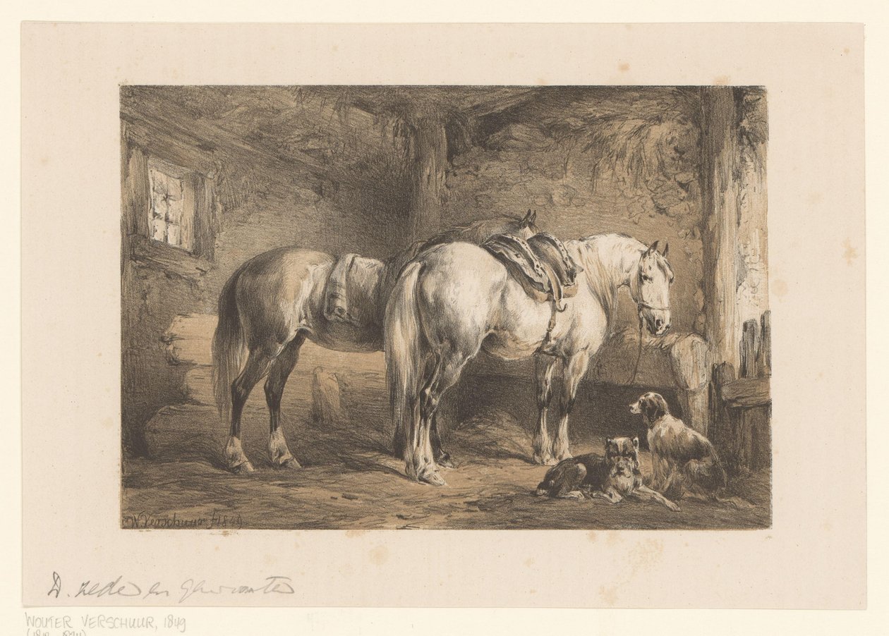 Bir ahırda iki at ve köpek by Wouter  Verschuur