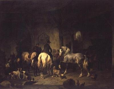 Sporcular ve diğer hayvanlarla bir ahırın içi by Wouterus Verschuur