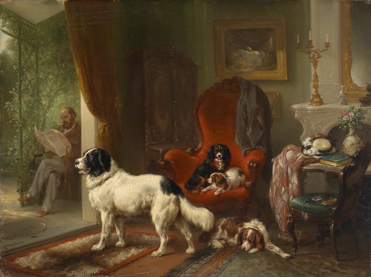 Köpeklerle iç mekan, bir çardak görünümü by Wouterus Verschuur