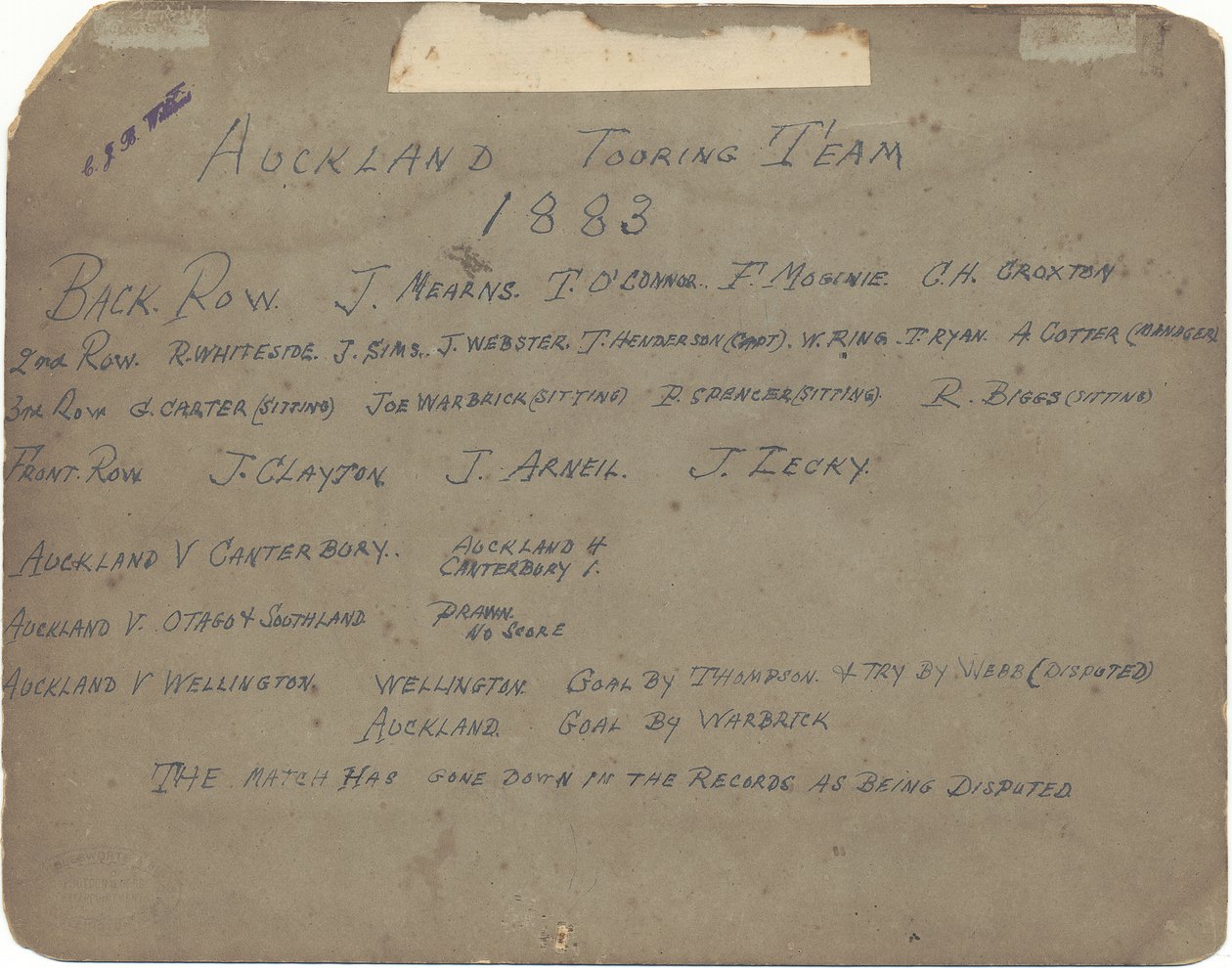 Auckland Touring Team, 1883 (jelatin gümüş baskı) by Wrigglesworth and Binns