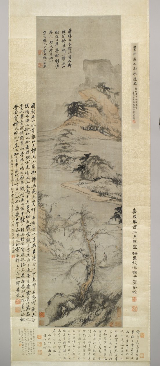 Uzak Dağlarla Dere Kenarında Yürüyen Yaşlı Bir Adam, 1706 (kağıt üzerine mürekkep ve renkli) by Wu Li