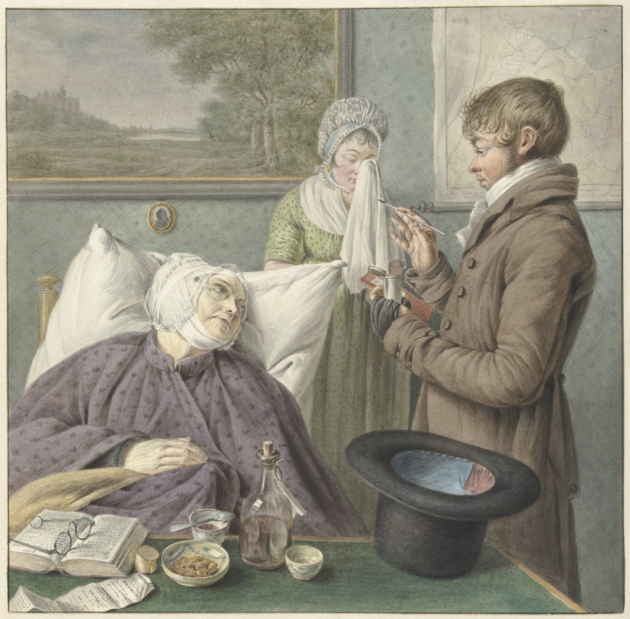 Doktor hasta yaşlı bir kadını yatakta ziyaret ediyor. by Wybrand Hendriks (attributed to)