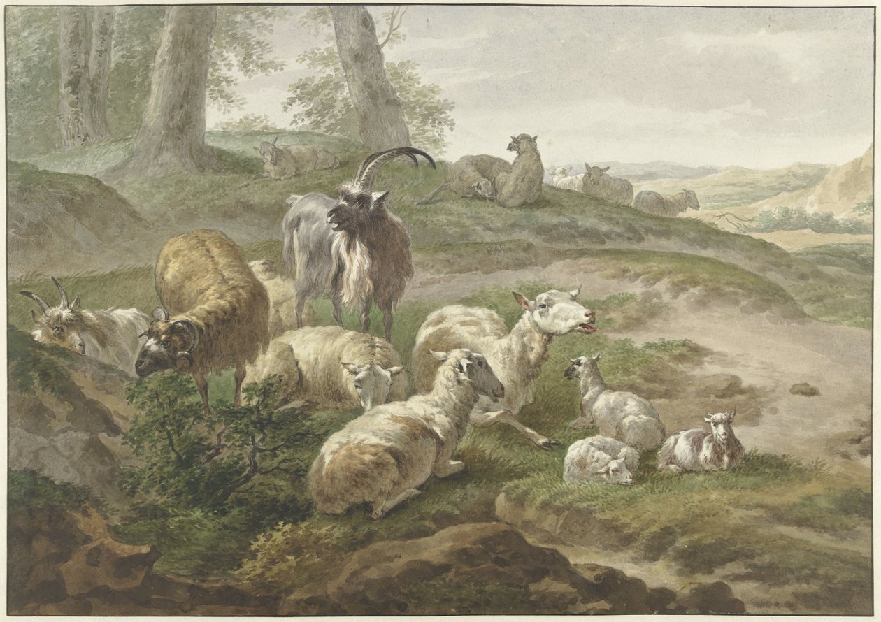 Tepelik bir manzarada keçiler ve koyunlar by Wybrand Hendriks