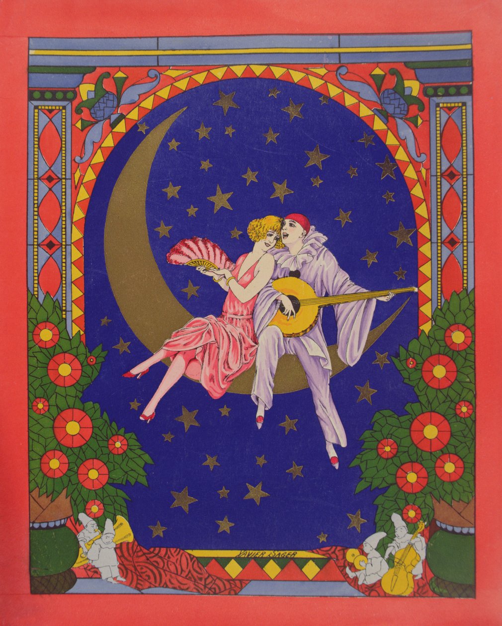 Pierrot ve Columbine (chromolitho) by Xavier Sager