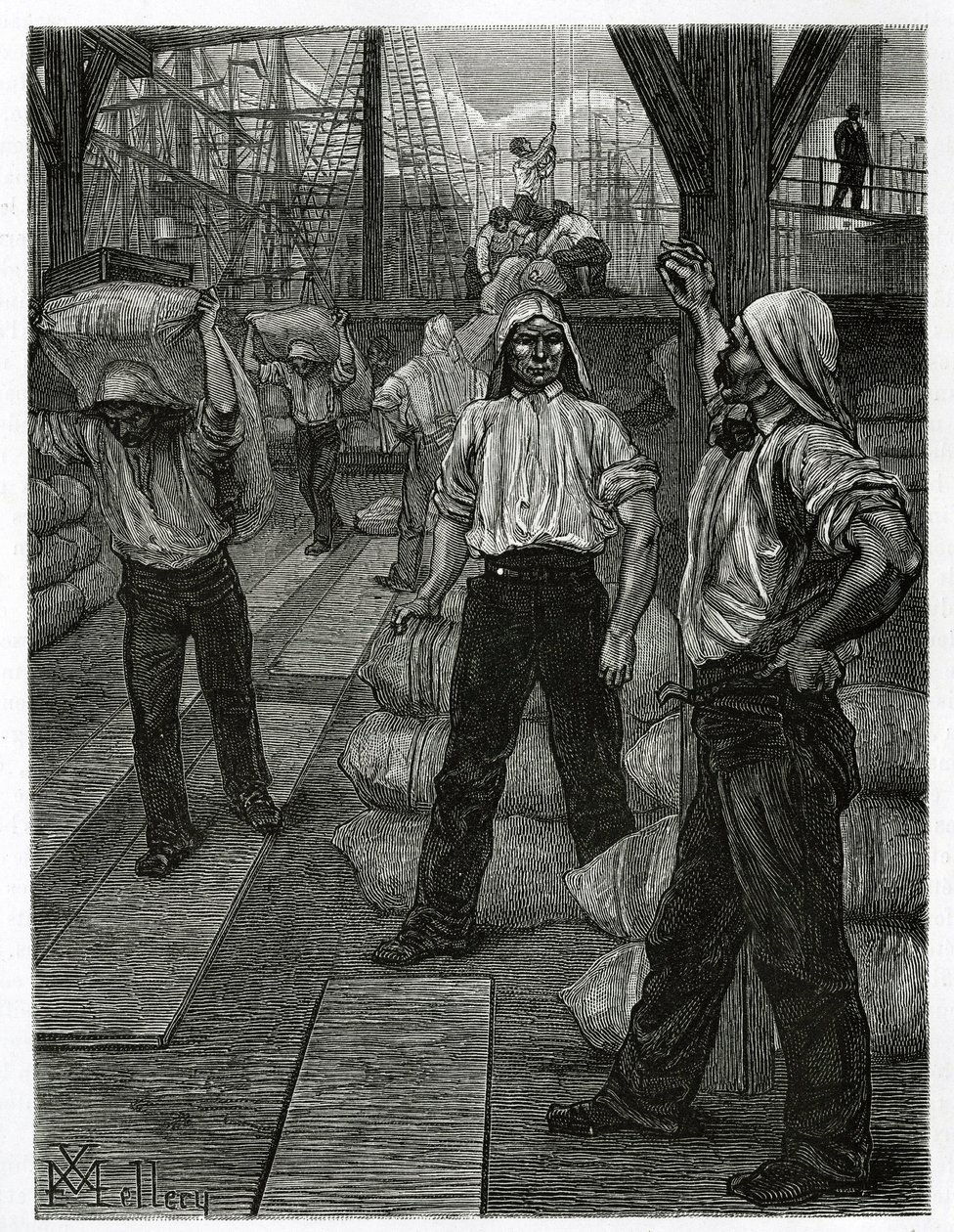 Bir geminin boşaltılması, başlarında asfalt şapka bulunan liman işçileri, malları Antwerp limanının rıhtımlarına yığıyor. Belçika