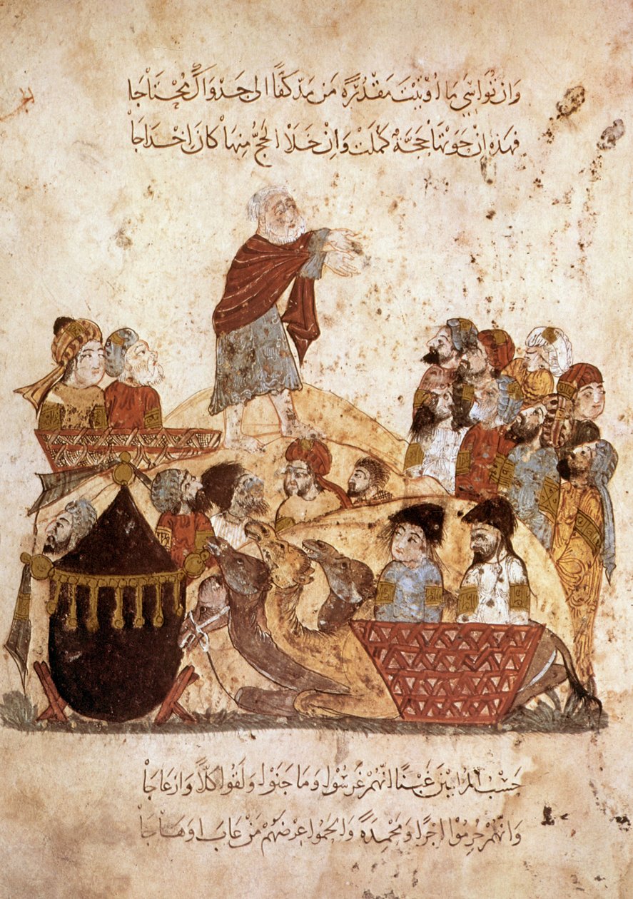 Ms Ar 5847 f.29, Abou Zayd preaching for a caravan of pilgrims, from Maqamat by Al Hariri, c.1240 (gouache on vellum) by Yahya ibn Mahmud Al Wasiti