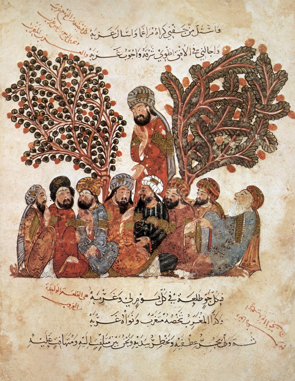 Madamu Ar 5847 f.134, Mu butayu, Al-Harith yavumbuye Abou Zayd aryamye, Al Maqamat na Al Hariri, c.1240 (gouache kuri velom) by Yahya ibn Mahmud Al Wasiti