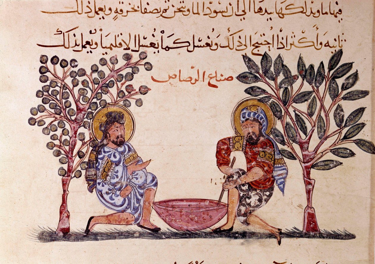 Arap şair Ebu Muhammed el-Kasim ibn Ali Hariri (veya Al-Hariri veya Al Hariri) tarafından 11. yüzyıla ait pikaresk şiir olan “” Makamat”ın (Seanslar) Kurşun Sayfa Yapımı (1054-1122), Al- Wasiti (el-vasiti) by Yahya ibn Mahmud Al Wasiti