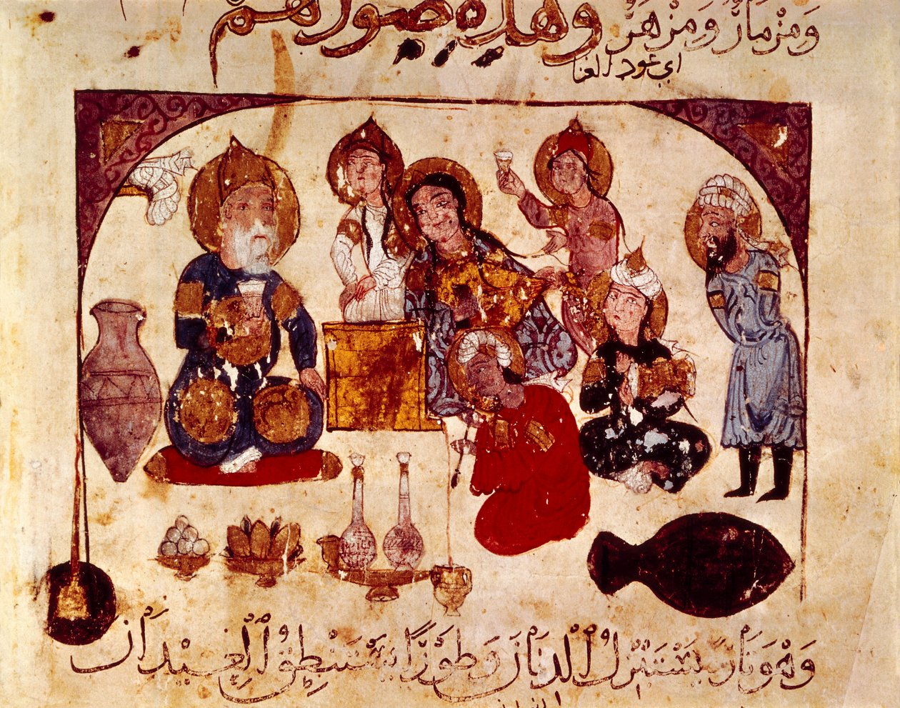 Abou-Zayd, Hanah meyhanesinde, "Maqamat"tan (Deyişler) minyatür, ms. 3929, fol. 34v by Yahya ibn Mahmud Al Wasiti