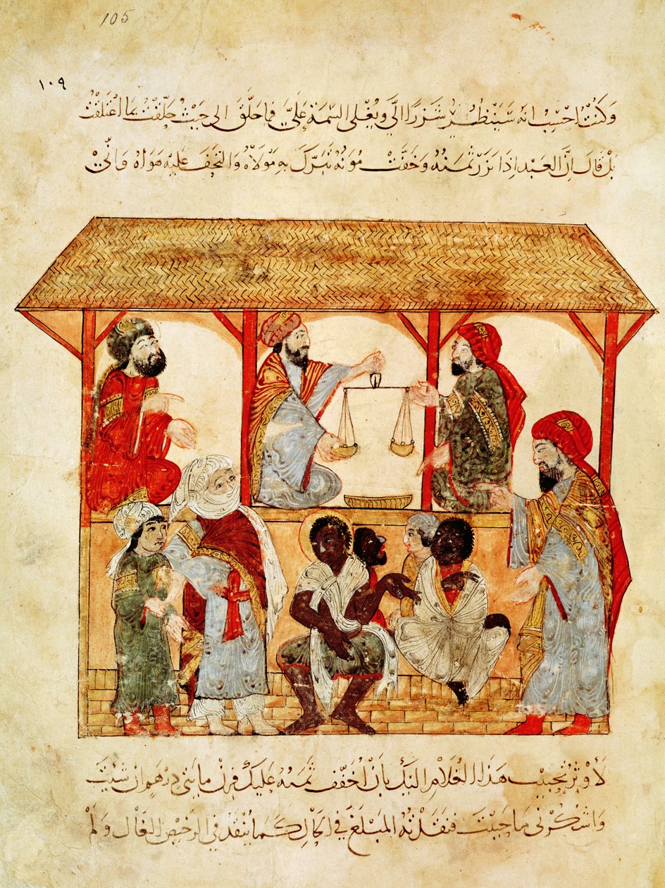 Ms. Ar 5847 f.105, Bir Köle Pazarı, "El Makamat"tan by Yahya ibn Mahmud Al Wasiti
