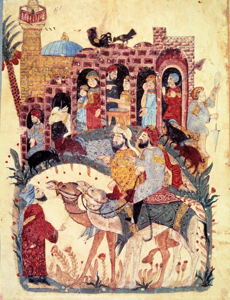 borgaralegi al-Harith (Al Harith), sonur Hammams og flakkandi siglingamanni Abu-Zayd (Abu Zayd, Abu Zayd) koma til borgarinnar, moskunni og minarettunni, verslunarstarfsemi, basarum og kvennavinnu er lýst Smámynd frá „Maqamat“ (Seances) by Yahya ibn Mahmud Al Wasiti