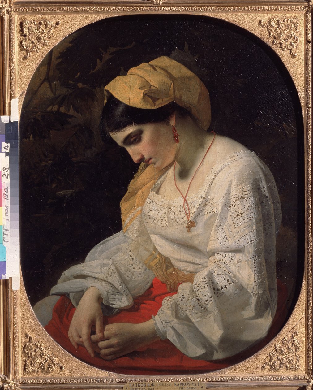 Genç bir gelin (Bir Gelin). Teslim olmuş bir ifadeyle üzgün genç bir kadının profil portresi. Yakov Fyodorovich Kapkov (1816-1854), tuval üzerine yağlı boya tablosu by Yakov Fyodorovich Kapkov