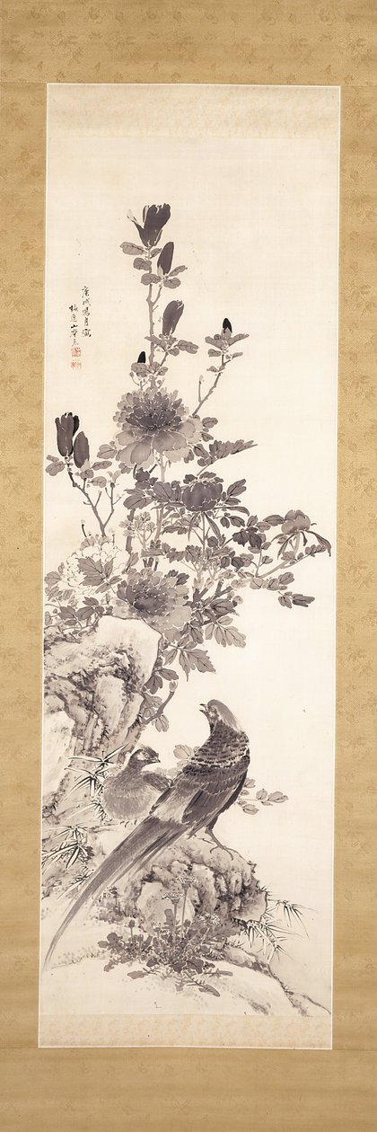 Şakayıklar ve Altın Sülünler (ipek üzerine mürekkep) by Yamamoto Baiitsu