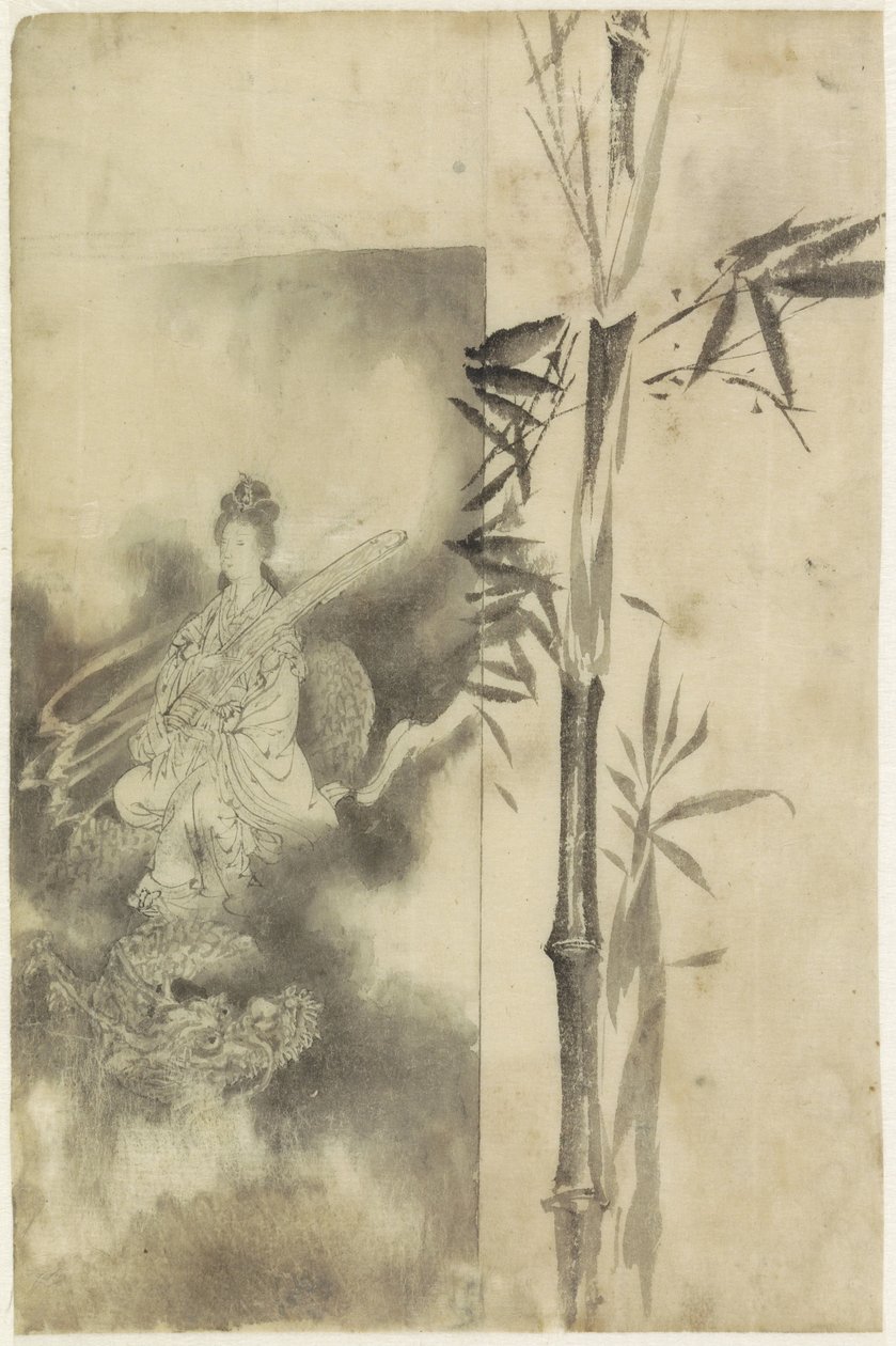 Bir ejderha ve bambu sapı üzerinde tahtta oturan tanrıça by Yamamoto Shinryo Baiitsu