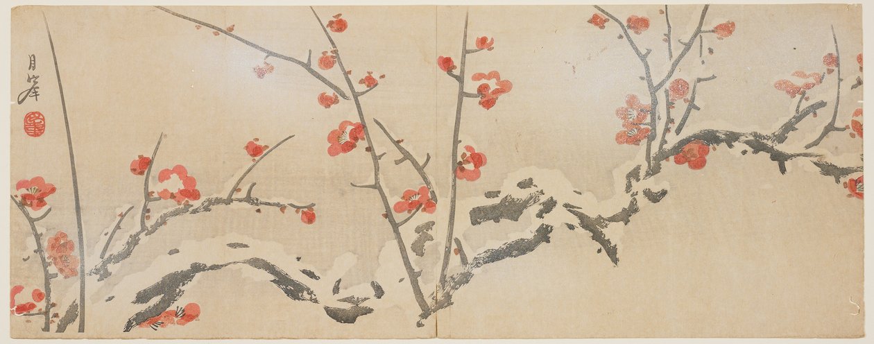 Karda çiçek açan erikler, c.1818-29 (renkli tahta baskı) by Yamaoka Gepp